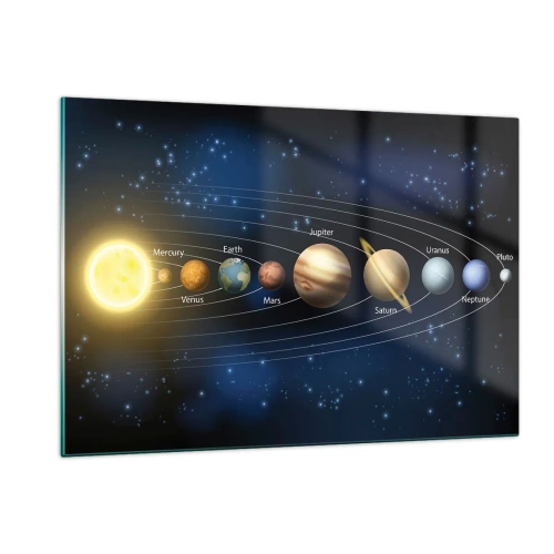 Quadro su vetro - Il sistema solare con pianeti e stelle sullo sfondo - 120x80cm - Uno su dieci - Decorazione murale moderna per soggiorno e camera da letto ARTTOR