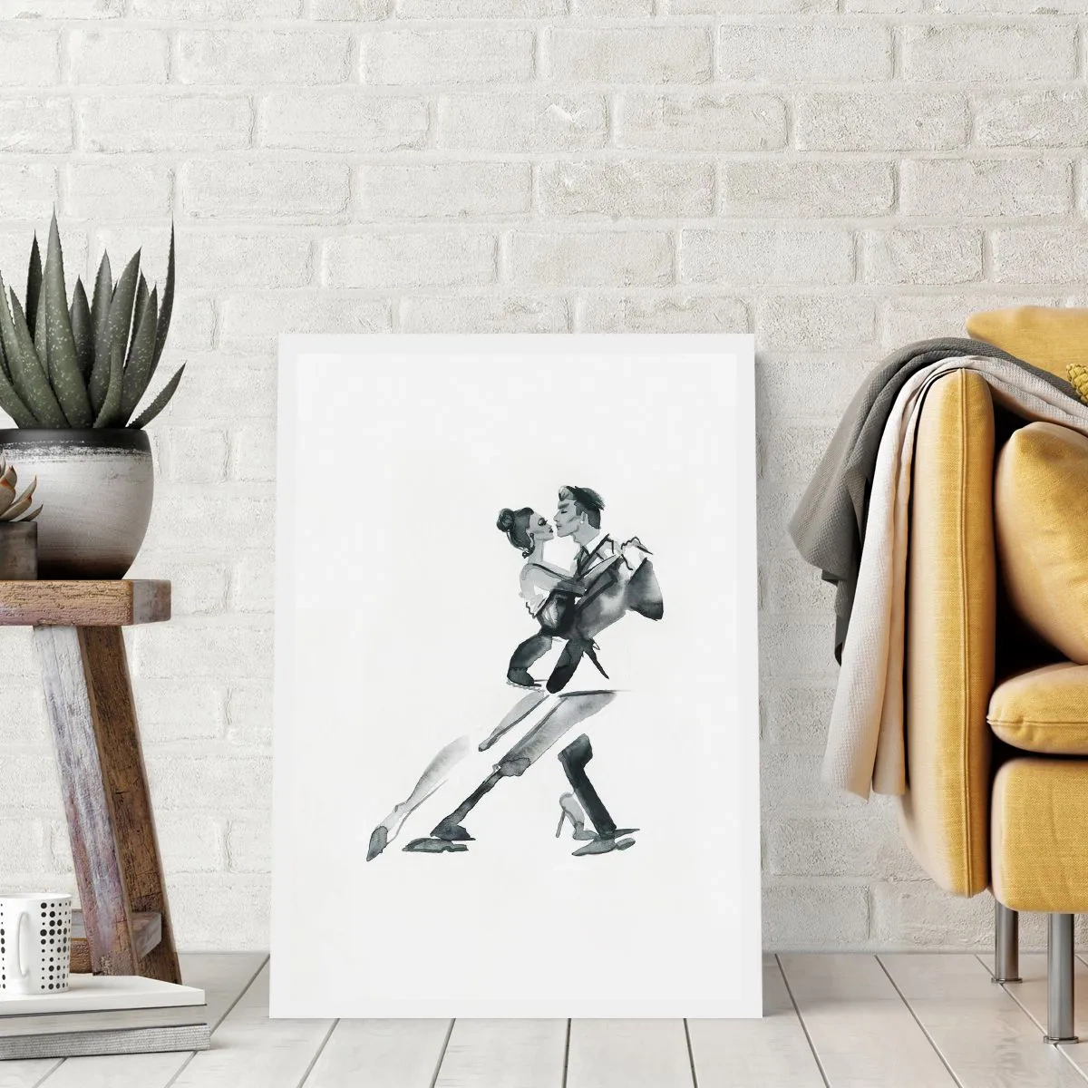 Poster - Dipinto ad acquerello in bianco e nero di una coppia che balla - 50x70cm - In un unico ritmo - Decorazione murale moderna per soggiorno e camera da letto ARTTOR