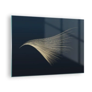 Quadro su vetro - Una linea dorata che ricorda un'ala su uno sfondo blu navy - 70x50cm - Come un capello d'angelo - Decorazione murale moderna per soggiorno e camera da letto ARTTOR