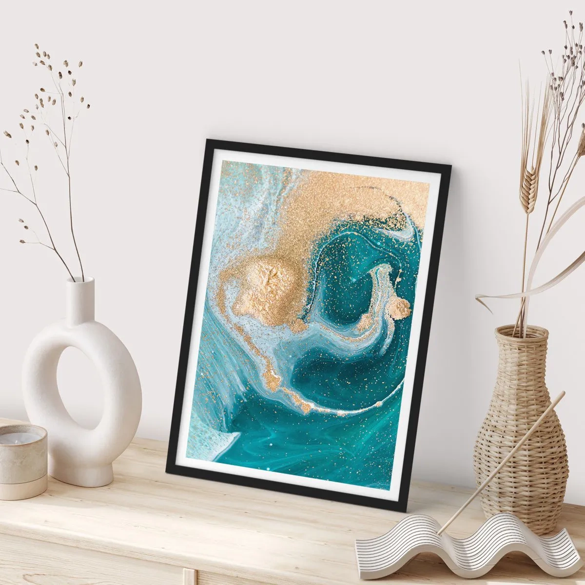 Poster in cornice nera - Vortice di oro e turchese - 70x100 cm
