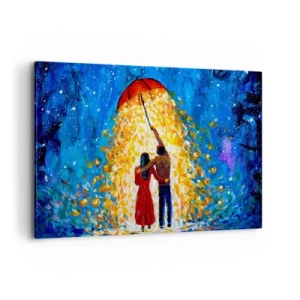 Quadro su tela - Stampe su Tela - Una coppia sotto un ombrello rosso sotto la pioggia luminosa - 120x80cm - La magia di una sera piovosa? - Decorazione murale moderna per soggiorno e camera da letto ARTTOR
