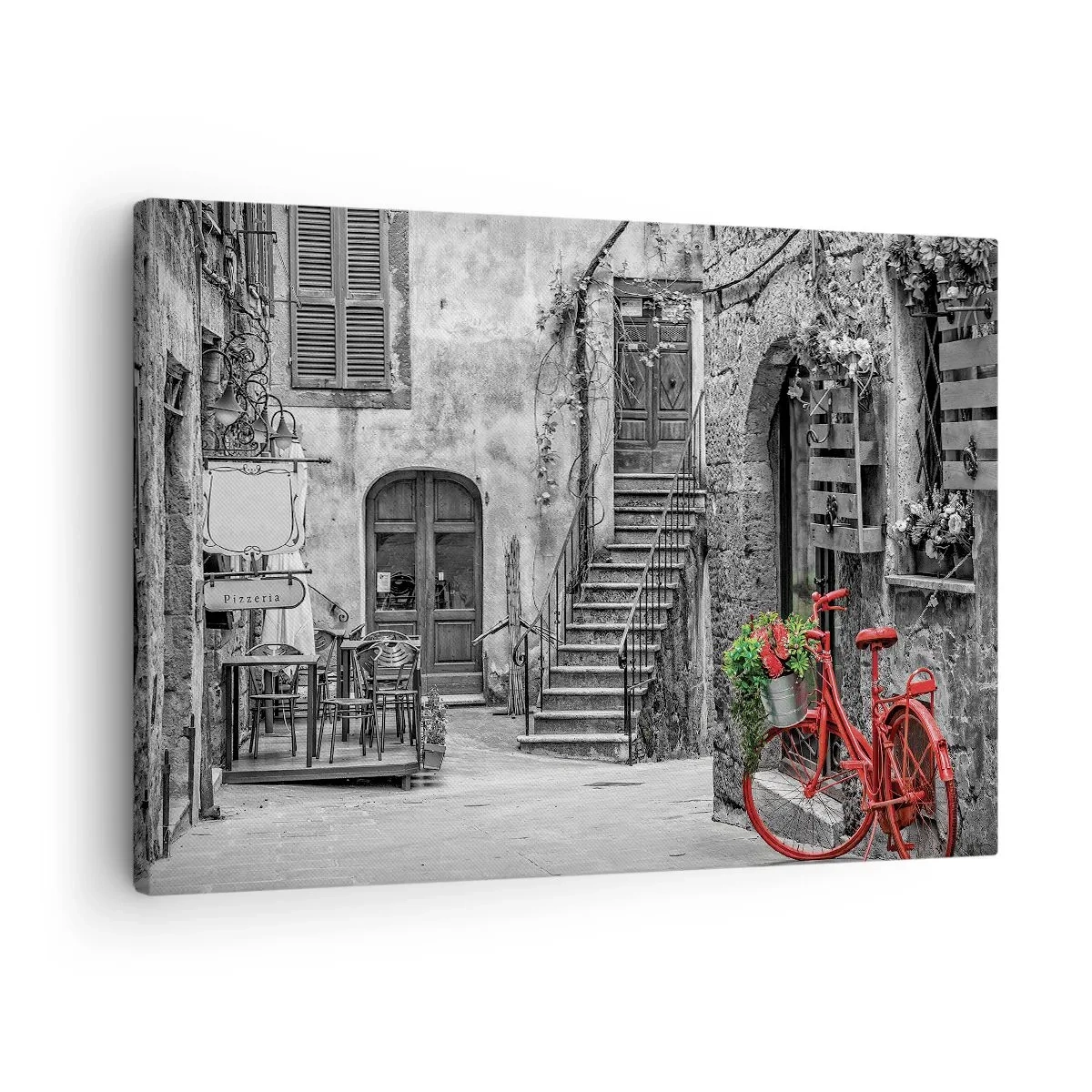 Quadro su tela - Stampe su Tela - Una bicicletta rossa in una strada bianca e nera - 70x50cm - Angolo toscano - Decorazione murale moderna per soggiorno e camera da letto ARTTOR