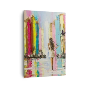 Quadro su tela - Stampe su Tela - Una città colorata e una donna in abito bianco con un uccello - 70x100cm - Seguimi - Decorazione murale moderna per soggiorno e camera da letto ARTTOR