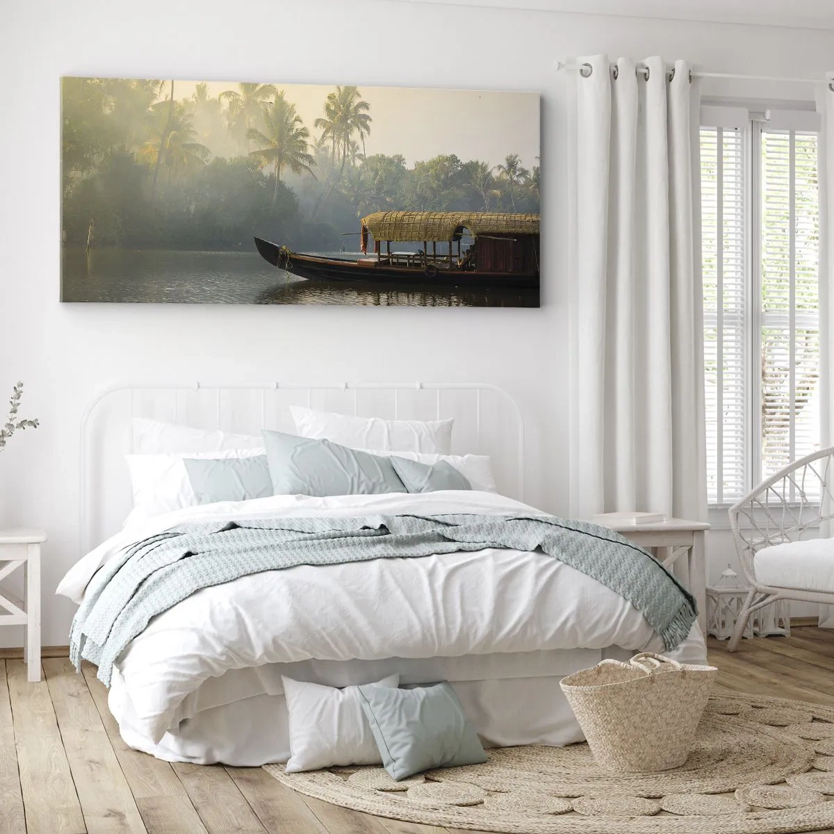 Quadro su tela - Stampe su Tela - Una barca tradizionale su un fiume calmo tra le palme - 140x50cm - Casa sul fiume - Decorazione murale moderna per soggiorno e camera da letto ARTTOR