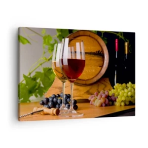 Quadro su tela - Stampe su Tela - Bicchieri di vino con uva, una botte e bottiglie su un tavolo di legno - 70x50cm - Come presso gli antichi conoscitori - Decorazione murale moderna per soggiorno e camera da letto ARTTOR