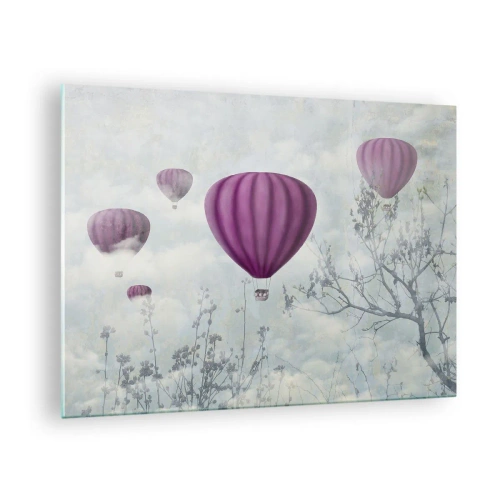 Quadro su vetro - Palloncini viola che fluttuano tra le nuvole e i rami degli alberi - 70x50cm - Come navi nel cielo - Decorazione murale moderna per soggiorno e camera da letto ARTTOR
