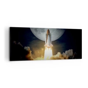 Quadro su tela - Stampe su Tela - Un razzo che decolla sullo sfondo della luna piena circondata da nuvole dinamiche. - 120x50cm - L'inizio di un'avventura spaziale - Decorazione murale moderna per soggiorno e camera da letto ARTTOR