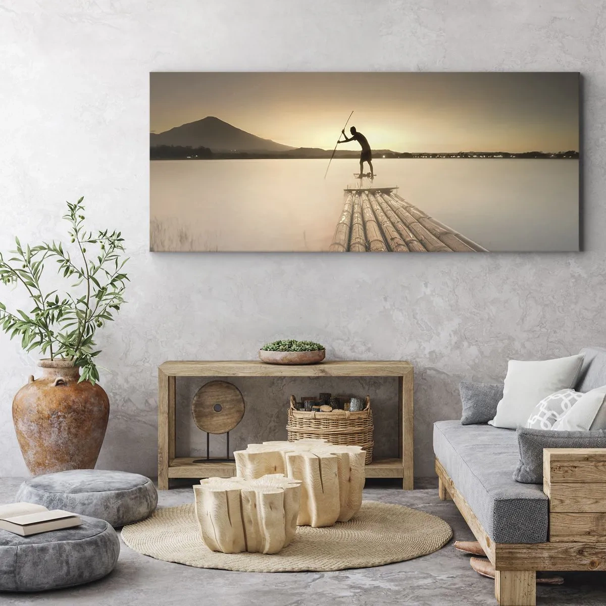 Quadro su tela - Stampe su Tela - Uomo su una zattera al tramonto - 120x50cm - Prima del riposo - Decorazione murale moderna per soggiorno e camera da letto ARTTOR