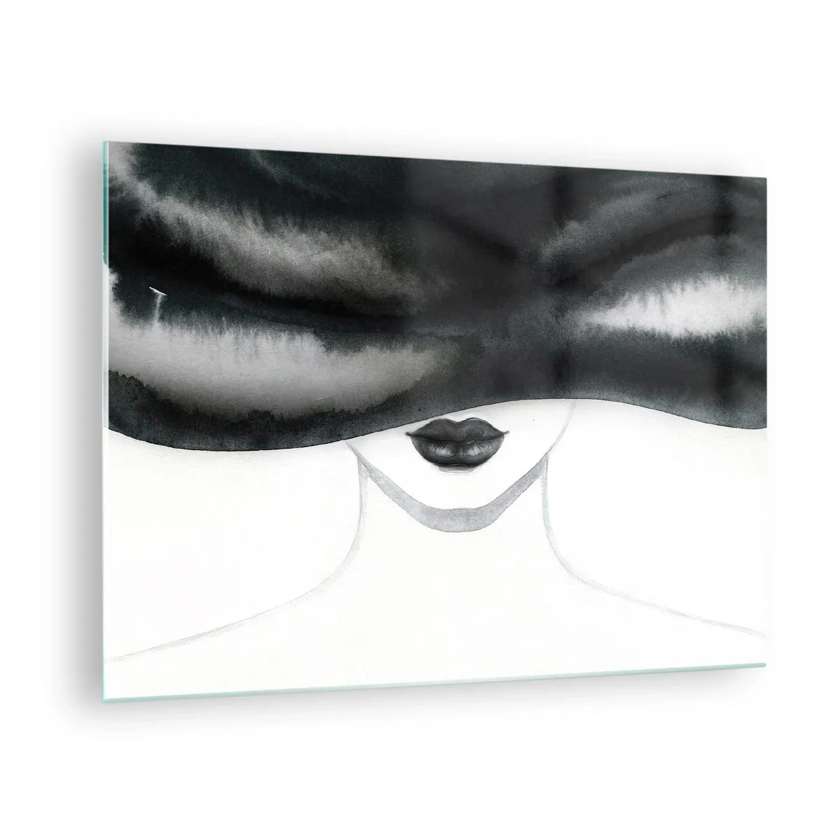 Quadro su vetro - Volto misterioso con occhi coperti in acquerello bianco e nero - 70x50cm - Il segreto dei sensi - Decorazione murale moderna per soggiorno e camera da letto ARTTOR