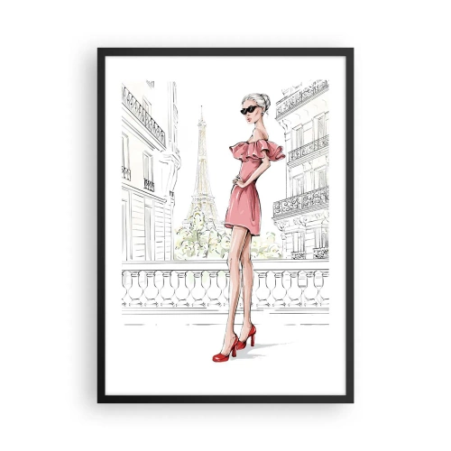 Poster in cornice nera - Una donna elegante con un abito rosa con la Torre Eiffel sullo sfondo - 50x70cm - L'arte della moda - Decorazione murale moderna per soggiorno e camera da letto ARTTOR