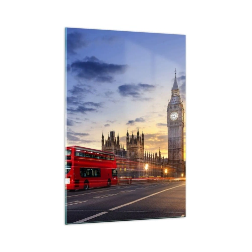 Quadro su vetro - Un autobus rosso con il Big Ben e il Parlamento sullo sfondo al tramonto. - 70x100cm - Segni particolari - Decorazione murale moderna per soggiorno e camera da letto ARTTOR
