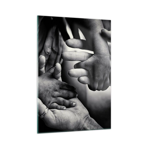 Quadro su vetro - Stretta di mano simbolica in bianco e nero di diverse generazioni - 50x70cm - Umanità - Decorazione murale moderna per soggiorno e camera da letto ARTTOR