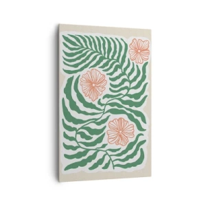 Quadro su tela - Stampe su Tela - Un motivo minimalista di foglie verdi con fiori nelle tonalità dell'arancione. - 80x120cm - Fioritura nel verde - Decorazione murale moderna per soggiorno e camera da letto ARTTOR