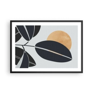 Poster in cornice nera - Un motivo a foglie minimalista con un sole luminoso sullo sfondo. - 70x50cm - Un giorno rovente d'estate - Decorazione murale moderna per soggiorno e camera da letto ARTTOR
