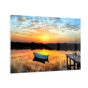 Quadro su vetro - Una barca su un lago calmo sotto i raggi del sole al tramonto - 100x70cm - Guarda, ascolta, medita - Decorazione murale moderna per soggiorno e camera da letto ARTTOR