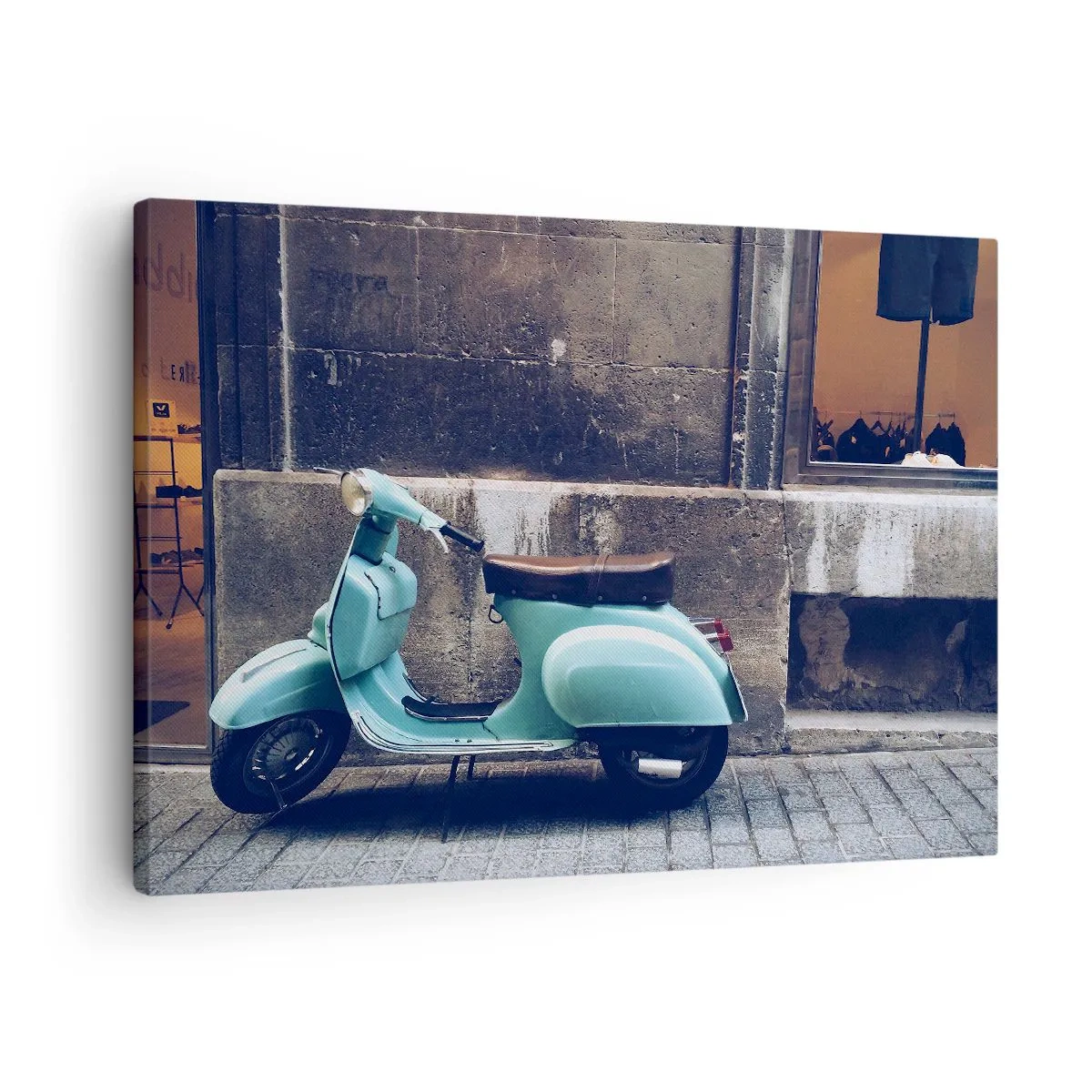 Quadro su tela - Stampe su Tela - Uno scooter retrò parcheggiato contro un muro di pietra - 70x50cm - Atmosfera indimenticabile - Decorazione murale moderna per soggiorno e camera da letto ARTTOR