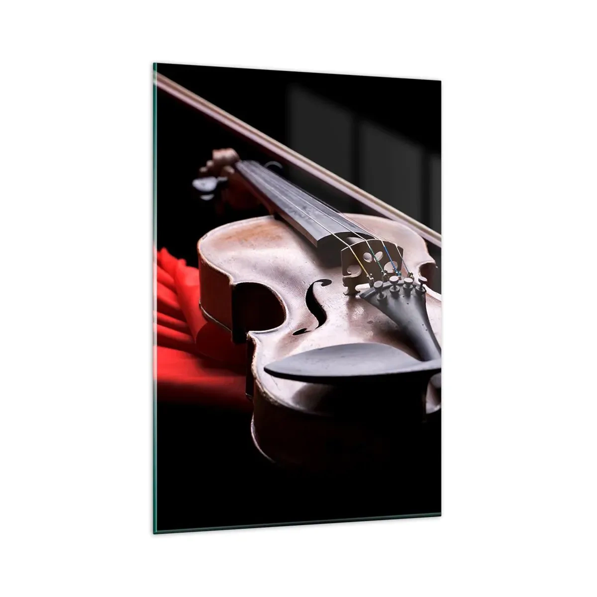 Quadro su vetro - Violino su tessuto rosso con sfondo nero - 80x120cm - La musica dei sentimenti - Decorazione murale moderna per soggiorno e camera da letto ARTTOR