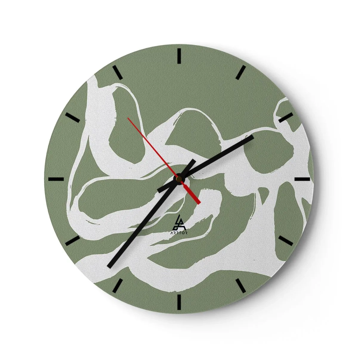 Orologio da parete - Orologio in Vetro - Forme bianche organiche su uno sfondo verde oliva - 30x30cm - Il richiamo dello spazio - Decorazione murale moderna per soggiorno, cucina e camera da letto ARTTOR