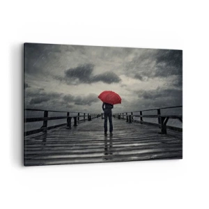 Quadro su tela - Stampe su Tela - Una persona con un ombrello rosso su un molo piovoso - 120x80cm - Non importa che piove - Decorazione murale moderna per soggiorno e camera da letto ARTTOR