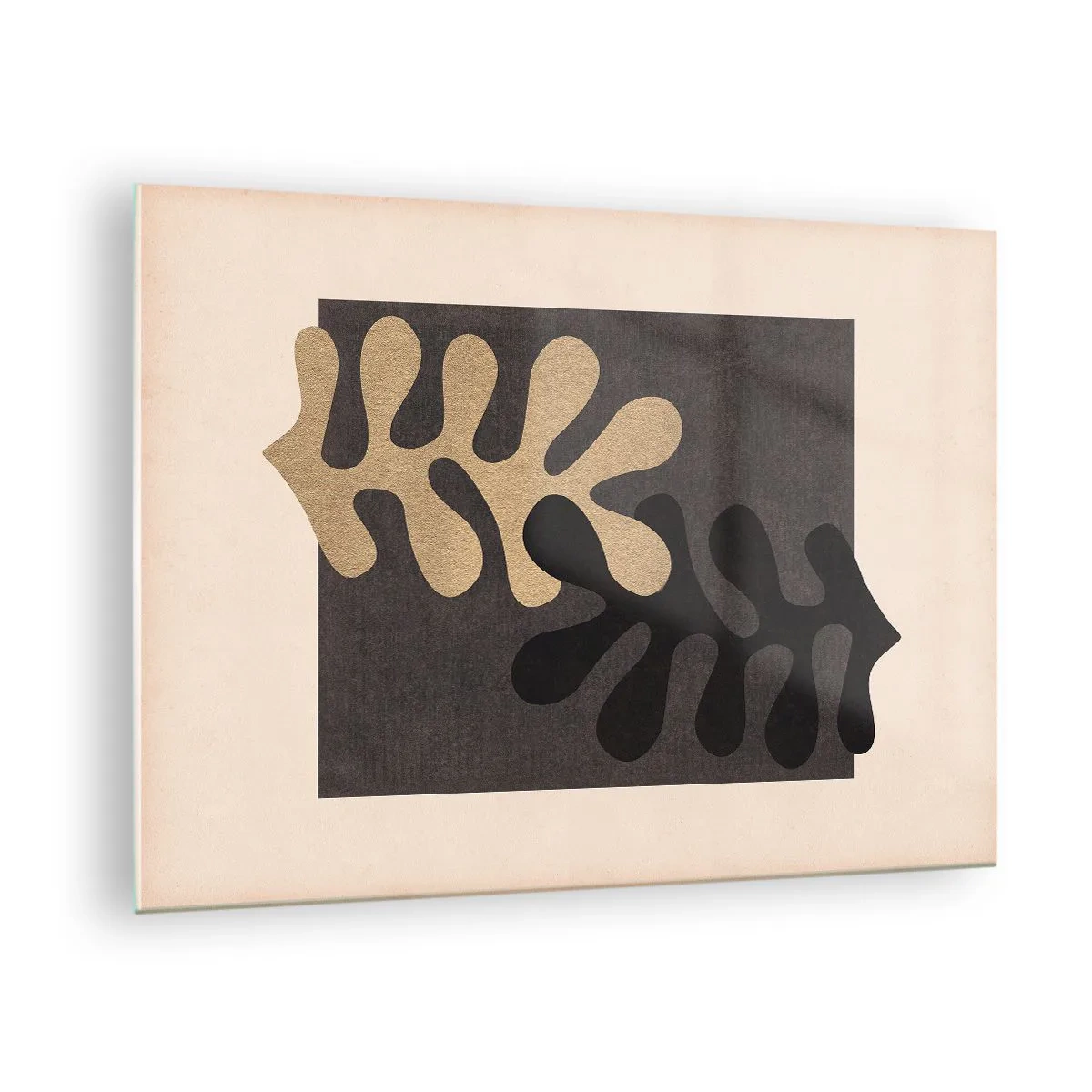 Quadro su vetro - Forme astratte in nero e beige su uno sfondo geometrico - 70x50cm - Assenza e completamento - Decorazione murale moderna per soggiorno e camera da letto ARTTOR