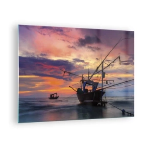 Quadro su vetro - Barche da pesca in mare al tramonto - 70x50cm - Sera esotica - Decorazione murale moderna per soggiorno e camera da letto ARTTOR