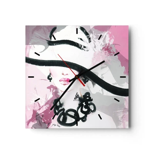 Orologio da parete - Orologio in Vetro - Una donna elegante con un cappello su uno sfondo di astrazioni rosa. - 30x30cm - Ritratto di donna in nero e rosa - Decorazione murale moderna per soggiorno e camera da letto ARTTOR