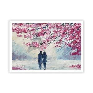 Poster - Una coppia sotto alberi rosa in fiore in un ambiente romantico - 100x70cm - Passeggiata romantica - Decorazione murale moderna per soggiorno e camera da letto ARTTOR