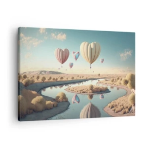 Quadro su tela - Stampe su Tela - Palloncini a forma di cuore che fluttuano sopra il paesaggio - 70x50cm - L'amore permette di volare - Decorazione murale moderna per soggiorno e camera da letto ARTTOR