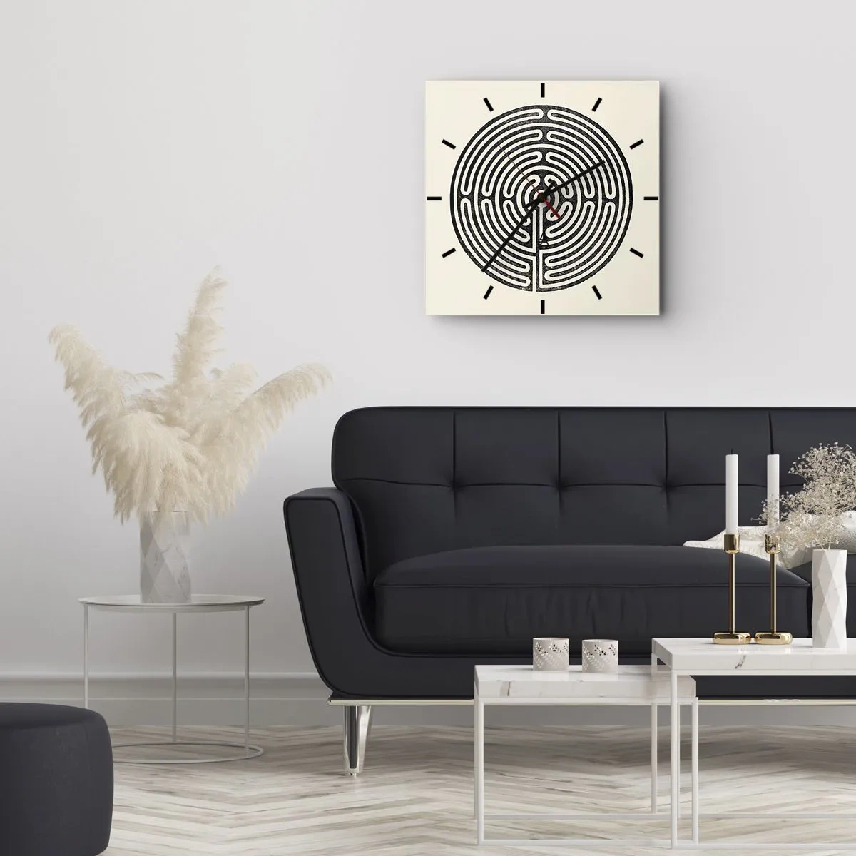 Orologio da parete - Orologio in Vetro - Labirinto circolare bianco e nero su sfondo chiaro - 30x30cm - Ordine misterioso - Decorazione murale moderna per soggiorno e camera da letto ARTTOR