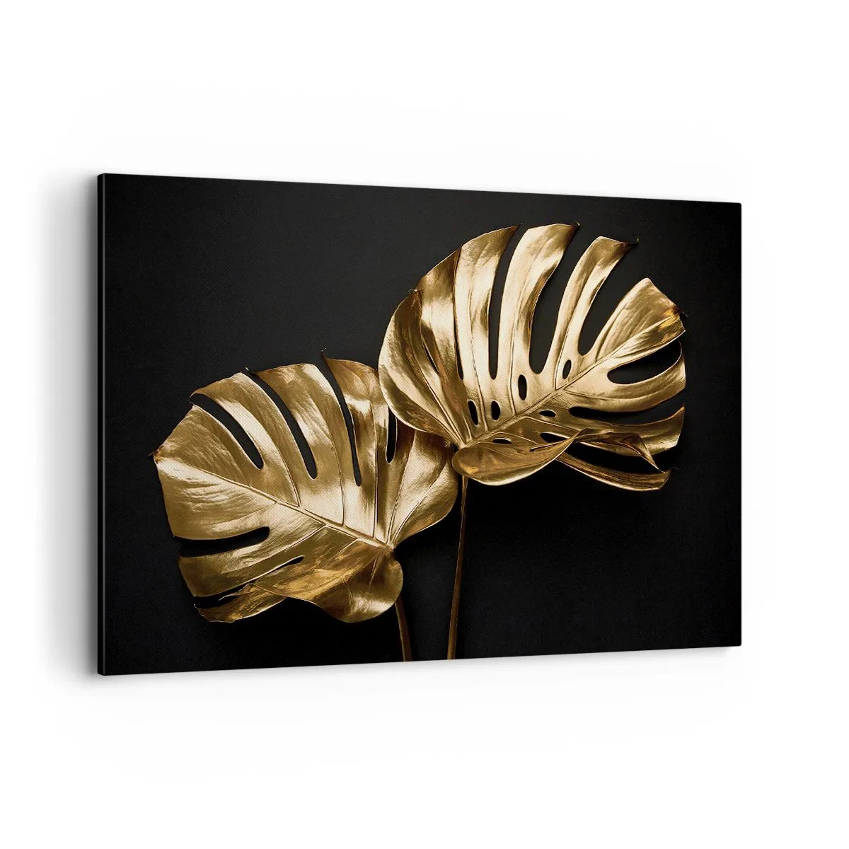 Quadro su tela - Stampe su Tela - Foglie di monstera dorate su sfondo nero - 120x80cm - I tesori della natura - Decorazione murale moderna per soggiorno e camera da letto ARTTOR