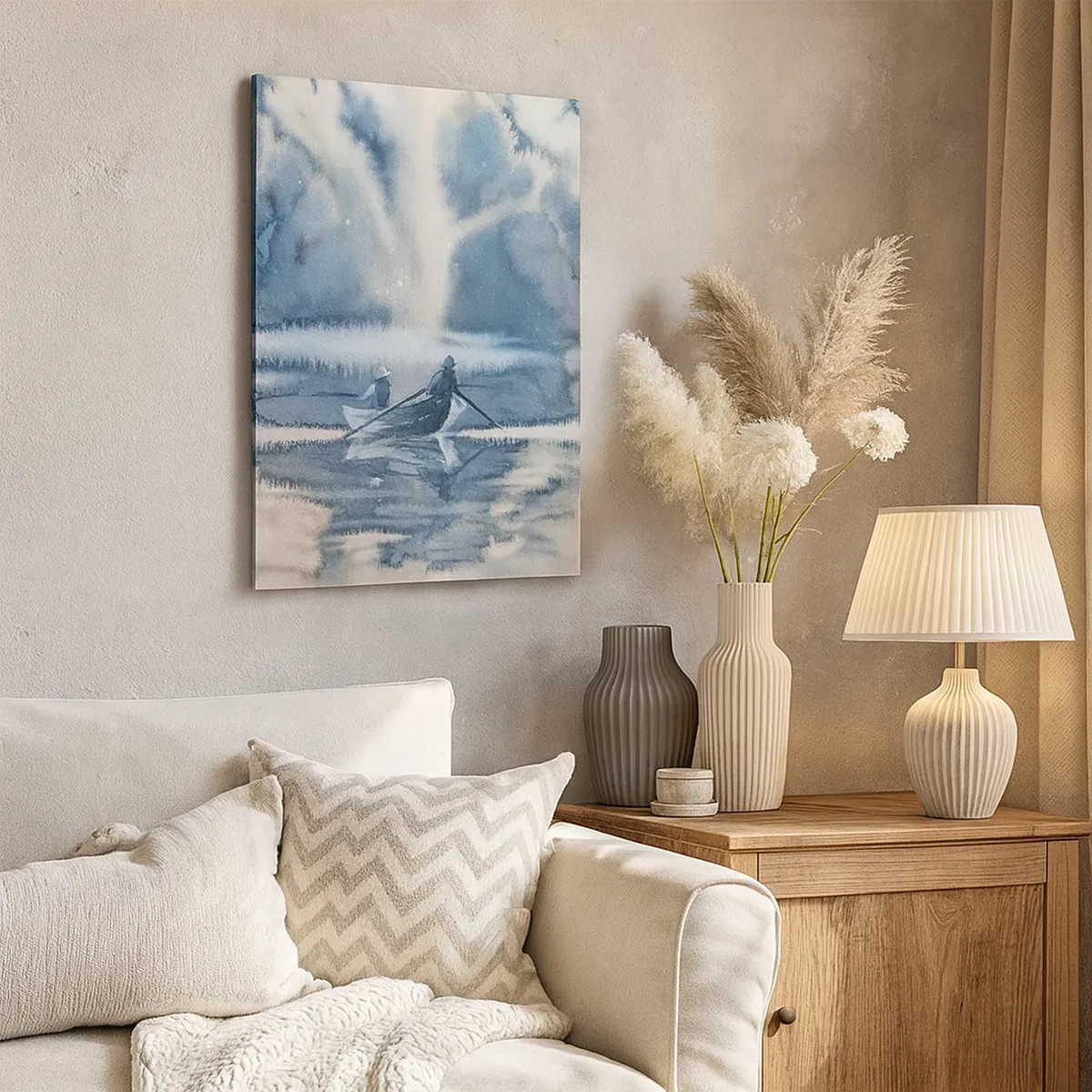 Quadro su tela - Stampe su Tela - Paesaggio ad acquerello con barche su un lago circondato da una foresta nebbiosa - 50x70cm - I pescatori nel loro paradiso - Decorazione murale moderna per soggiorno e camera da letto ARTTOR