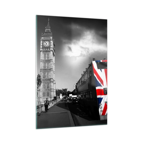 Quadro su vetro - Il Big Ben e un autobus con la bandiera britannica - 50x70cm - Orgogliosa e grande - Decorazione murale moderna per soggiorno e camera da letto ARTTOR