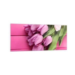 Quadro su vetro - Un mazzo di tulipani rosa con un fiocco su uno sfondo rosa - 120x50cm - Proprio per te - Decorazione murale moderna per soggiorno e camera da letto ARTTOR