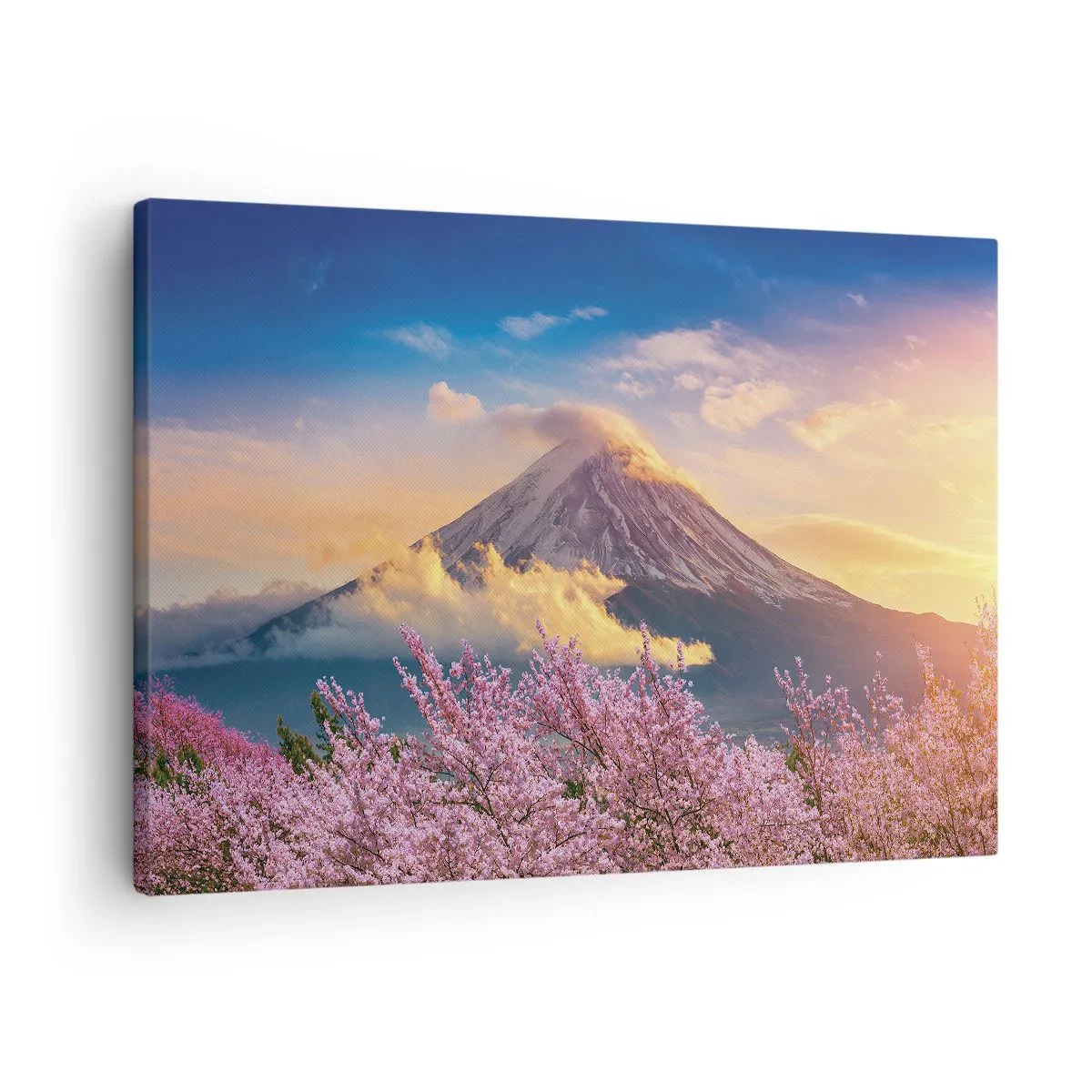 Quadro su tela - Stampe su Tela - Il monte Fuji con i fiori di ciliegio sullo sfondo al tramonto - 70x50cm - Sacralità giapponese - Decorazione murale moderna per soggiorno e camera da letto ARTTOR