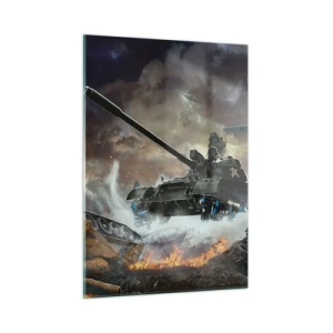 Quadro su vetro - Un carro armato in azione sullo sfondo di un drammatico campo di battaglia. - 50x70cm - La battaglia bella e terribile - Decorazione murale moderna per soggiorno e camera da letto ARTTOR