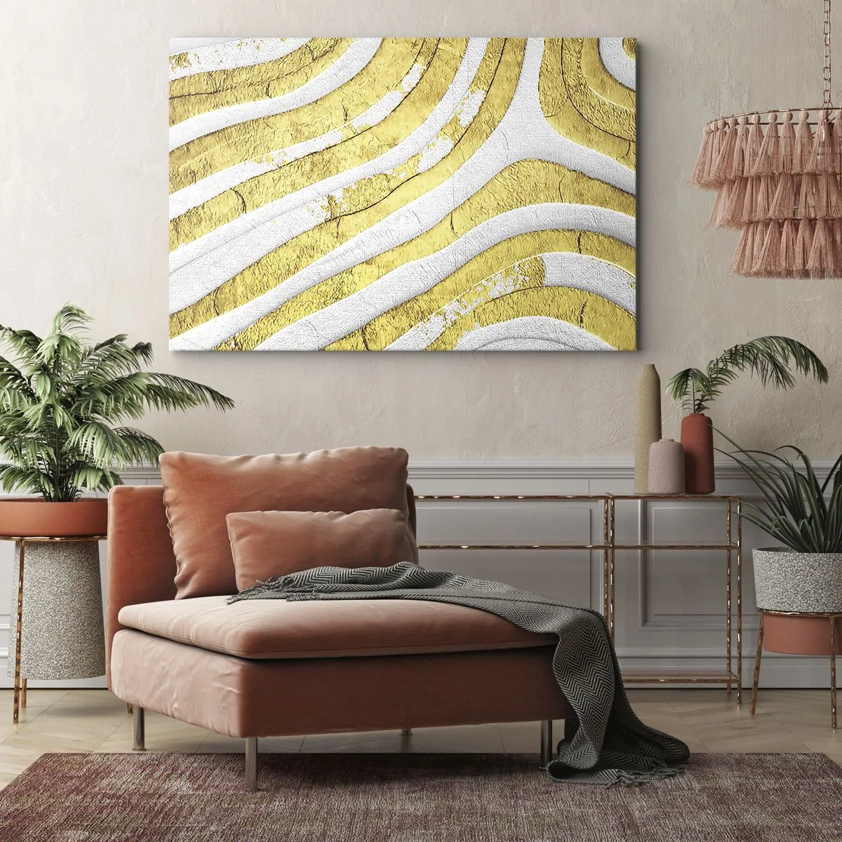 Quadro su tela - Stampe su Tela - Linee astratte dorate e bianche in una texture 3D - 70x50cm - Composizione in bianco e oro - Decorazione murale moderna per soggiorno e camera da letto ARTTOR