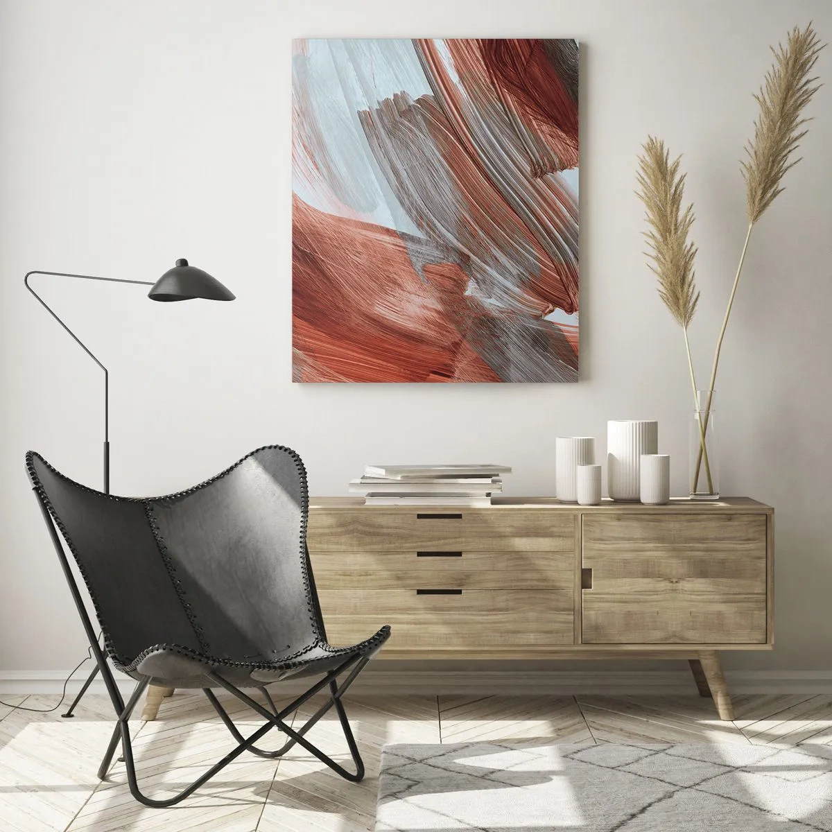 Quadro su vetro - Pennellate astratte nei toni del rame e del grigio - 80x120cm - Astrazione autunnale e ventosa - Decorazione murale moderna per soggiorno e camera da letto ARTTOR