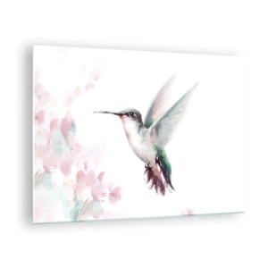Quadro su vetro - Colibrì colorato in delicato acquerello - 70x50cm - Battito immobile - Decorazione murale moderna per soggiorno e camera da letto ARTTOR