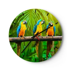 Orologio da parete - Orologio in Vetro - Tre pappagalli ara su un ramo in un ambiente tropicale - 30x30cm - Hai sentito che ha fatto? - Decorazione murale moderna per soggiorno, cucina e camera da letto ARTTOR