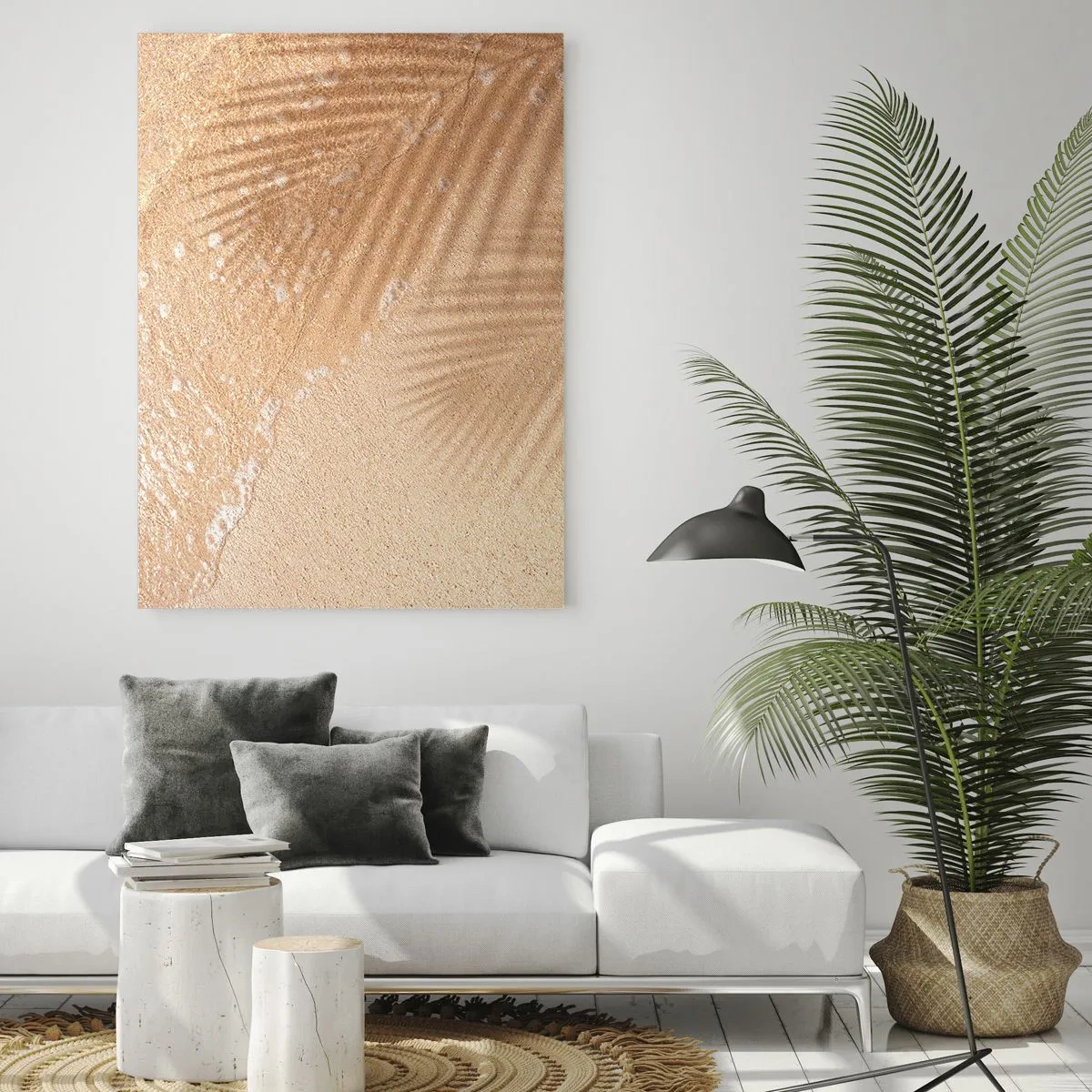 Quadro su vetro - L'ombra di una palma sulla sabbia con un delicato motivo a onde - 80x120cm - Ombra di un'estate bollente - Decorazione murale moderna per soggiorno e camera da letto ARTTOR