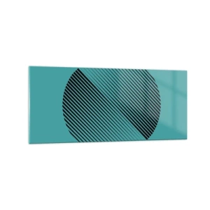 Quadro su vetro - Un cerchio minimalista con linee su uno sfondo turchese. - 120x50cm - Cerchio: variazione geometrica - Decorazione murale moderna per soggiorno e camera da letto ARTTOR