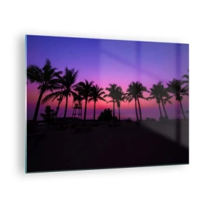 Quadro su vetro - Palme sullo sfondo di un tramonto viola-rosa - 70x50cm - Sera sotto le palme - Decorazione murale moderna per soggiorno e camera da letto ARTTOR