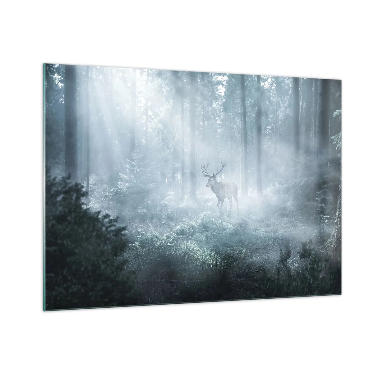 Quadro su vetro - Un cervo in una foresta nebbiosa illuminata dai raggi del sole mattutino - 100x70cm - Passeggiata mattutina sulle sue terre - Decorazione murale moderna per soggiorno e camera da letto ARTTOR