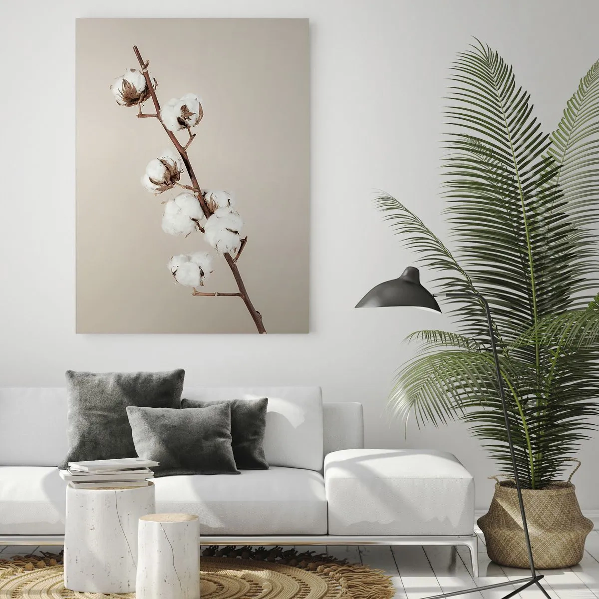 Quadro su vetro - Un rametto di cotone su uno sfondo beige - 70x100cm - Alla fonte della morbidezza - Decorazione murale moderna per soggiorno e camera da letto ARTTOR