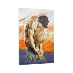 Quadro su vetro - Un uomo perso nei suoi pensieri sullo sfondo di un tramonto - 70x100cm - Immerso in se stesso - Decorazione murale moderna per soggiorno e camera da letto ARTTOR