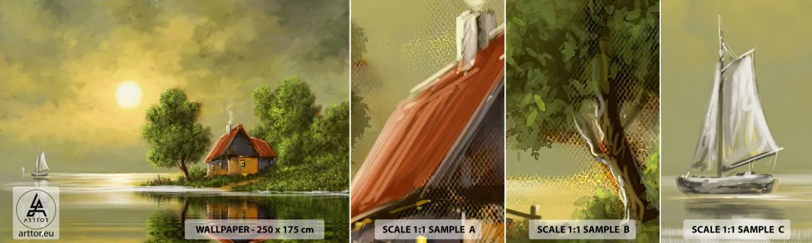 Campione Di Fotomurale Standard Eco - Bello come un quadro - Paesaggio, Casetta di campagna, Barca a vela - 100x30 cm