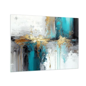 Quadro su vetro - Astrazione con turchese e oro su sfondo bianco - 70x50cm - Panta rei - Decorazione murale moderna per soggiorno e camera da letto ARTTOR