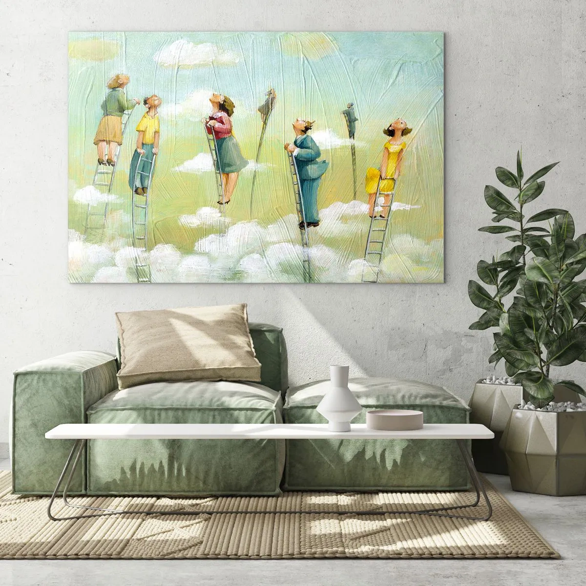 Quadro su vetro - Figure che salgono le scale tra le nuvole - 120x80cm - Seguendo i propri sogni - Decorazione murale moderna per soggiorno e camera da letto ARTTOR