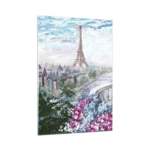 Quadro su vetro - Illustrazione di una vista della Torre Eiffel con un balcone pieno di fiori - 50x70cm - Bellissimo qui a maggio - Decorazione murale moderna per soggiorno e camera da letto ARTTOR