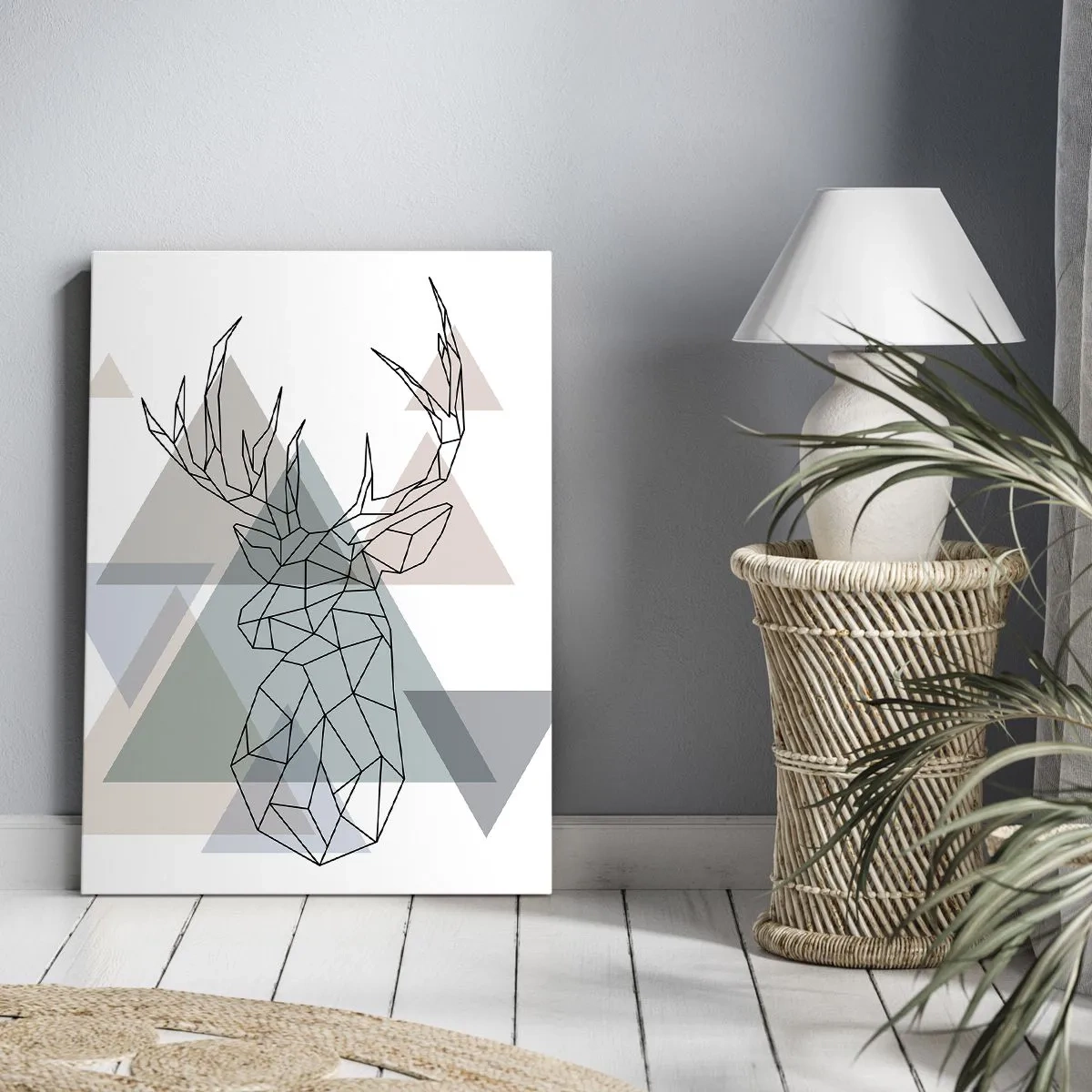 Quadro su tela - Stampe su Tela - Cervo geometrico su uno sfondo di triangoli pastello - 50x70cm - Nel bosco geometrico - Decorazione murale moderna per soggiorno e camera da letto ARTTOR